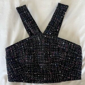 Sandro Black Tweed Top with Cross Neckline